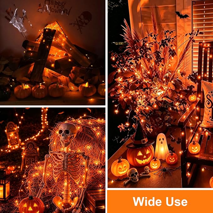 QITONG Solar Halloween Fairy Lights, 2 Pack Each 66ft 200 LED Orange Fairy Lights Outdoor with 8 Modes, Silver Wire Christmas Lights for Fall Thanksgiving Decor