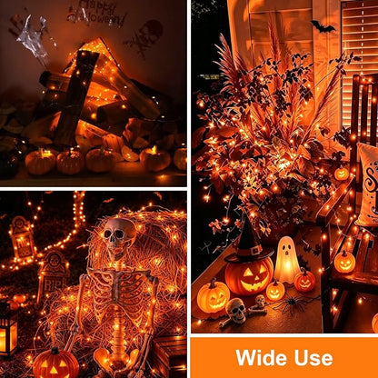 QITONG Solar Halloween Fairy Lights, 2 Pack Each 66ft 200 LED Orange Fairy Lights Outdoor with 8 Modes, Silver Wire Christmas Lights for Fall Thanksgiving Decor
