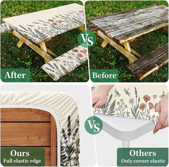 Picnic Table Cover with Bench Covers, Botanical Camper, 72 Inch | 3PCS Waterproof Elastic Edges Fitted Tablecloth Outdoor Camping Essentials with Drawstring Bag