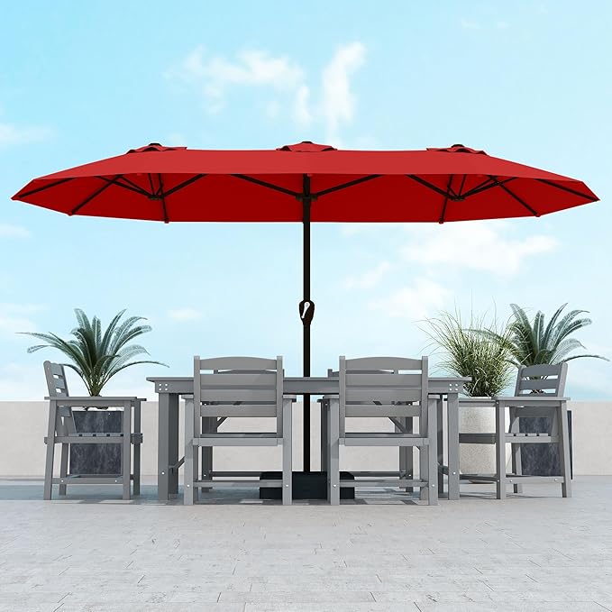 Kingdura 15ft Large Patio Umbrella with Base Included, Double-Sided Rectangle Outdoor Table Umbrella with 12 Reinforced Ribs, Crank Lift for Market Pool Deck Backyard, Red