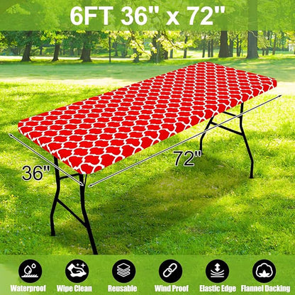 Smiry Picnic Fitted Table Cover, 6 Foot Flannel Backed Vinyl Tablecloth | Waterproof Elastic Stretch Table Cloth, Wipeable Plastic Tablecloth for Camping, Indoor & Outdoor (Red, 36" x 72")