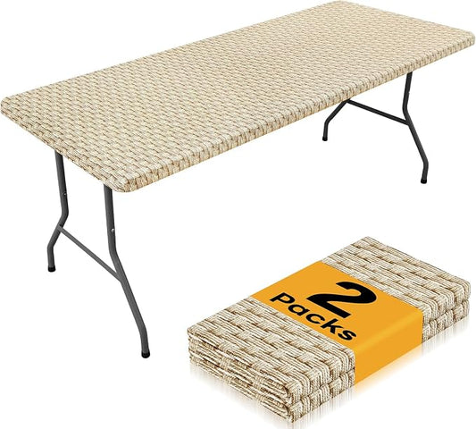 Smiry 2 Pack Rectangle Table Cloth 6 Foot, Waterproof Elastic Fitted Tablecloths, Windproof Washable Polyester Table Cover for Picnic, Camping, Outdoor (Champagne, 30"x72")