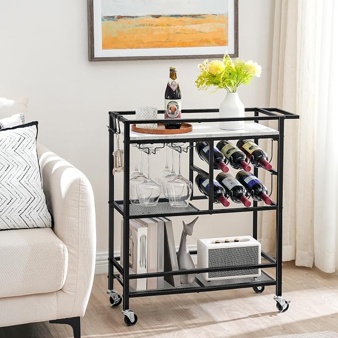 MAHANCRIS Bar Cart for Home, 3-Tier Serving Cart with Wheels and Handle, Beverage Cart with Wine Rack and Glass Holders, Rolling Wine Cart for Kitchen, Dining Room, Marble and Black RCHM6101
