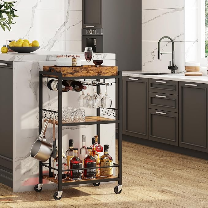 TUTOTAK Bar Cart with Wheels, Mini Drink Cart with Wine Rack & Glass Holder | 3-Tier 17 Inch Wide Home Bar Serving Carts, Small Mobile Kitchen Shelf with 6 Hooks, Rustic Brown BC01BB036
