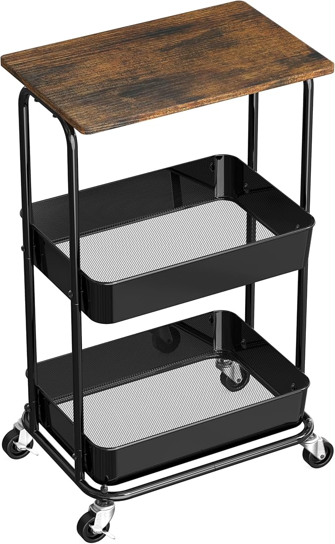 Simple Houseware 2-Tier Utility Cart Wood Top/Lockable Wheel, Rustic Brown | 2-Tier Metal Storage Organizer Trolley for Kitchen, Bathroom, Office, Craft Room