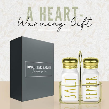 Gold Salt and Pepper Shakers Set with Holder by Brighter Barns - Modern Vintage Kitchen Decor and Accessories - Cute Glass Salt Shaker w/Caddy for Restaurant, Dining Table, Airbnb, Gift (White/Gold)