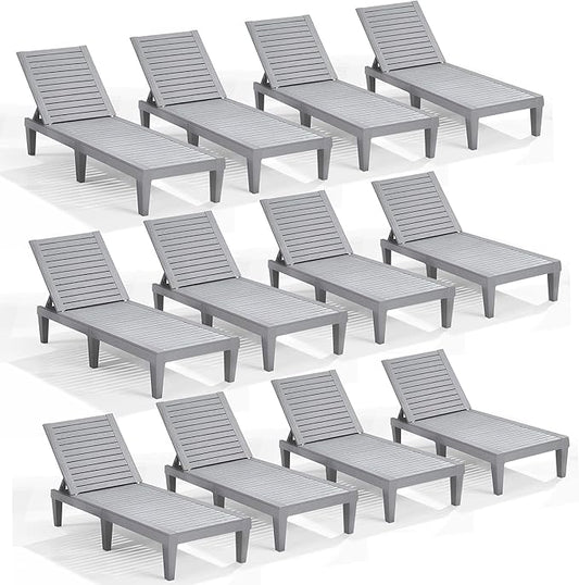 Nestl Patio Chairs - Grey Chaise Lounge Chair Outdoor, 5-Position Adjustable Sun Tanning Chair, Waterproof Pool Lounge Chairs Set of 12, Reclining Lawn Chair, Lightweight Outdoor Lounge Chairs