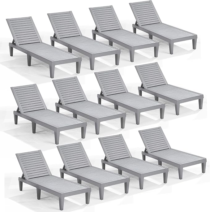 Nestl Sun Tanning Chair - Light Grey Chaise Lounge Chair Outdoor, Lightweight Pool Lounge Chairs Set of 12, Adjustable 5-Position Reclining Lawn Chair, Waterproof Beach Outdoor Lounge Chairs