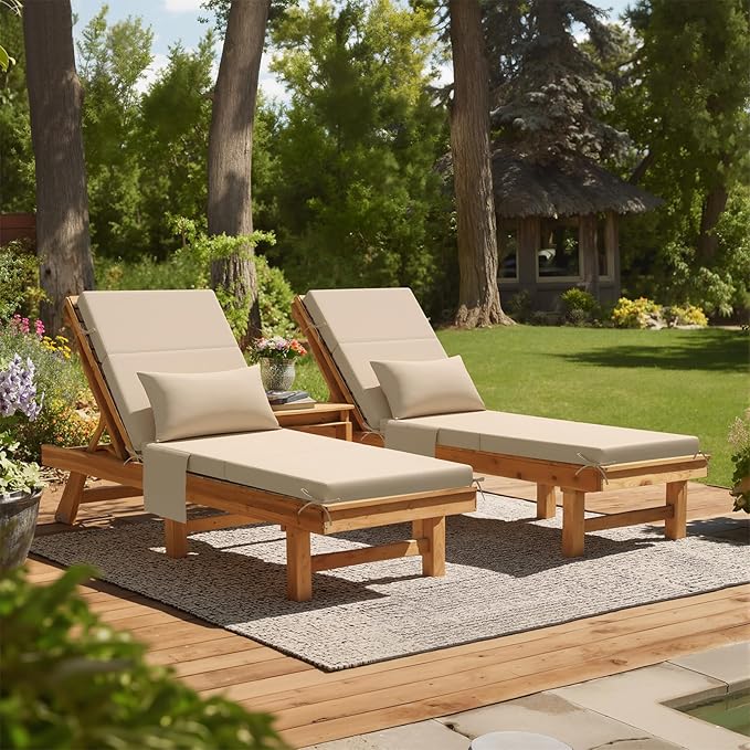 Crestlive Products Foldable Outdoor Chaise Lounge Cushions with Head Pillow and Side Pockets, Water Resistant & Fade Resistant Lounge Chair Cushion, 72" L x 21" W, Beige