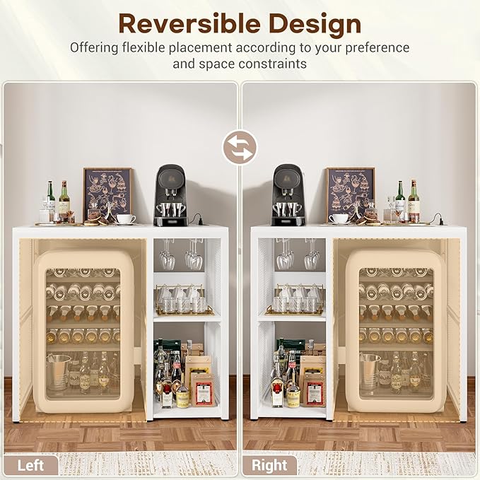 Homieasy Mini Fridge Cabinet with Power Outlet, Coffee Bar Cabinet with Mini Fridge Space, Industrial Liquor Cabinet with Wine Storage & Glass Holder for Dorm, Living Room, Home Kitchen, White