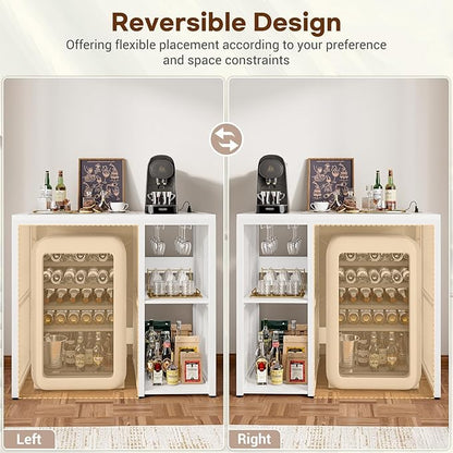Homieasy Mini Fridge Cabinet with Power Outlet, Coffee Bar Cabinet with Mini Fridge Space, Industrial Liquor Cabinet with Wine Storage & Glass Holder for Dorm, Living Room, Home Kitchen, White