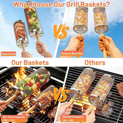 Rolling Grill Basket 2-Pack, Upgraded Rotating BBQ Basket for Outdoor Grill, Larger Capacity 304 Stainless Steel, Easy Clean with Cleaning Brush, Quick Grilling for Veggies, BBQ Accessories