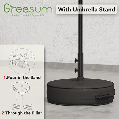 Greesum Outdoor Patio Umbrella with Base, Table Umbrella with 8 Sturdy Ribs, Push Button Tilt and Crank, Market Table Parasol for Garden, Lawn, Backyard & Pool, White