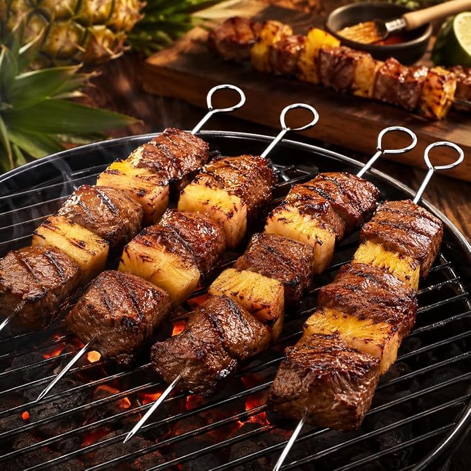 Metal Kabob Skewers for Grilling, 8 Inch Stainless Steel, 30 Pcs | Reusable 440 stainless steel with ring handles for BBQ, grill, oven, meat, chicken, shrimp and vegetables.
