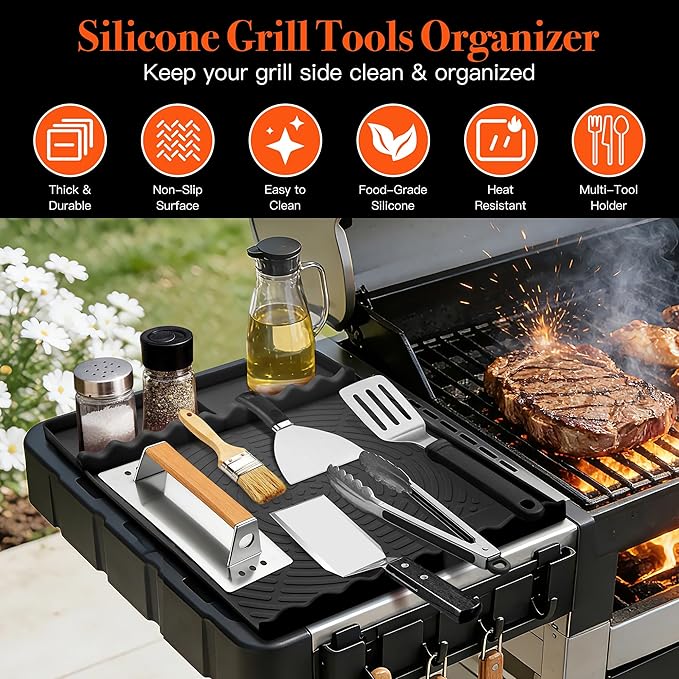 Silicone Grill Mat for Blackstone - BBQ Griddle Tools Side Mat with Drip Pad, Griddle Tools Mat for Outdoor Kitchen Countertop, BBQ Grill Accessories Gifts for Men (Black-2Pack)