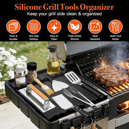 Silicone Grill Mat for Blackstone - BBQ Griddle Tools Side Mat with Drip Pad, Griddle Tools Mat for Outdoor Kitchen Countertop, BBQ Grill Accessories Gifts for Men (Black-2Pack)