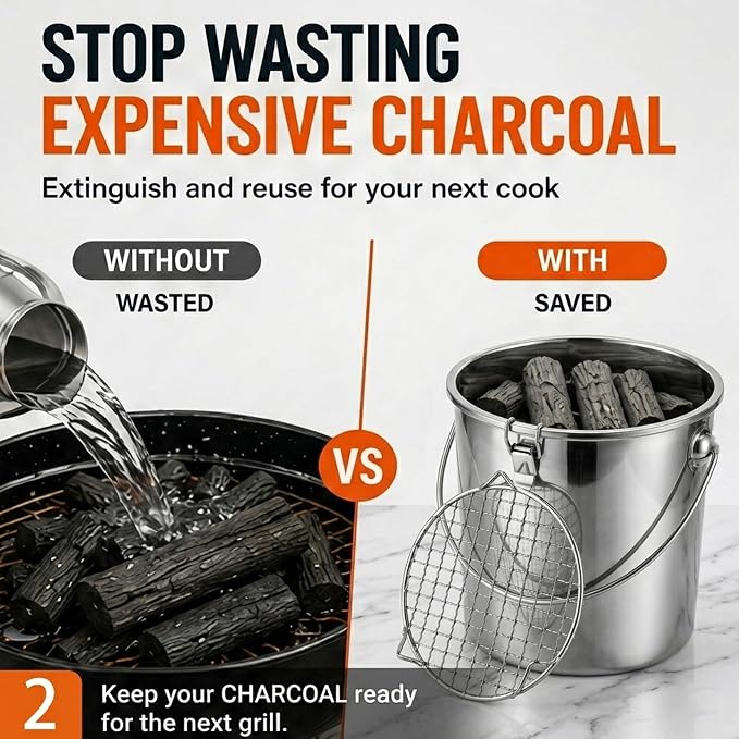 4 Pcs Charcoal Saver Extinguishing Bucket Set for Ash Collection | Heavy Duty Stainless Steel with Lockable Lid, 3 Gallon Capacity for Hot Charcoal, Grills, Campfires and Wood Burning Stoves
