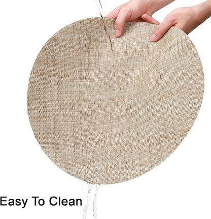 15 Inch Round Placemats Set of 4, Washable Vinyl Woven Place Mats | Heat Resistant Non-Slip Braided Table Mats for Dining Table Kitchen Indoor & Outdoor Use (Beige, Set of 4)