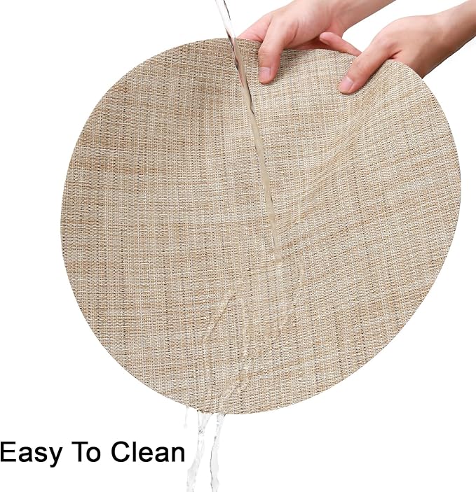 Round Placemats Set of 8 Heat Resistant Vinyl Placemats 15 inch Washable Non-Slip Table Mats Woven Place Mats for Dining Table (Beige, Set of 8)