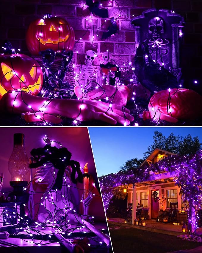 Brizled Purple String Lights, 2 Pack 50 LED Battery Powered Halloween Light | 8 Modes Purple Fairy Lights with Timer, Twinkle Halloween Tree Lights Black Wire for Indoor Outdoor Party Garden Yard Decor