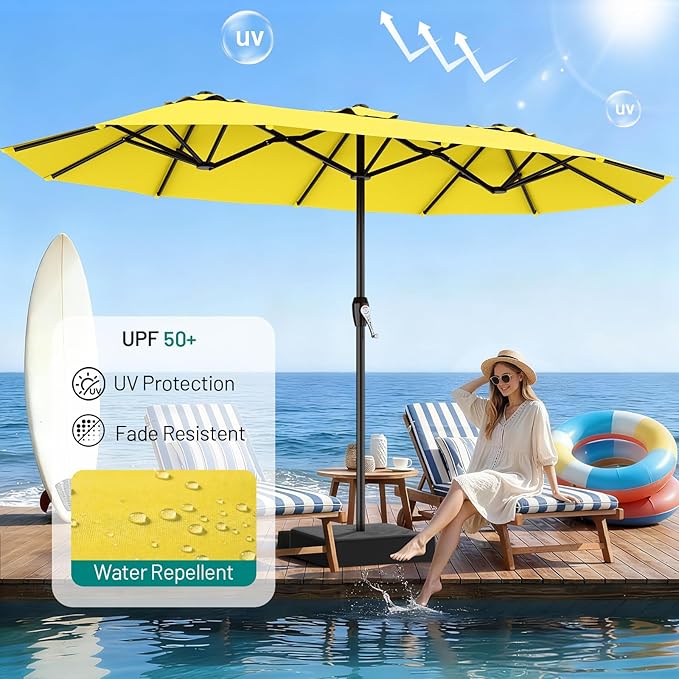 AreShark 15FT Outdoor Patio Umbrella with Crank, Large Rectangular Market Umbrella, Double-Sided Outdoor Umbrellas with Cross Base & Sandbag for Porch, Lawn, Pool, Backyard, Yellow