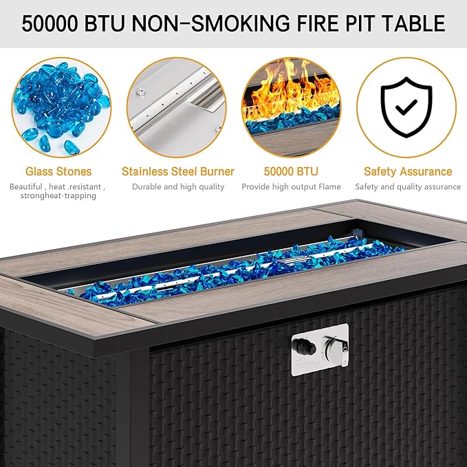 45in Fire Table, Propane Fire Pit with Glass Wind Guard and Rain Cover, Outdoor Firepit Table 50000 BTU 3-in-1 Fire Table for Patio/Yard/Balcony, Walnut Tabletop