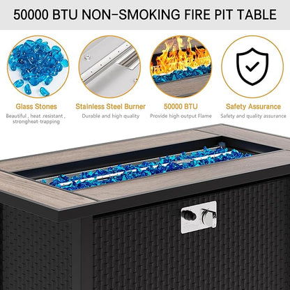 45in Fire Table, Propane Fire Pit with Glass Wind Guard and Rain Cover, Outdoor Firepit Table 50000 BTU 3-in-1 Fire Table for Patio/Yard/Balcony, Walnut Tabletop