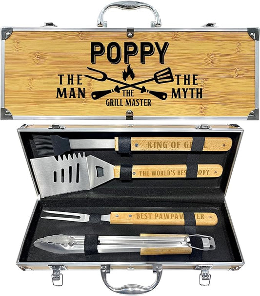 Poppy Gifts from Grandkids Fathers Day, Heavy Duty Wooden BBQ Grilling Accessories Kit for Backyard, Poppy Thick Stainless Steel Grill Utensils with Non-Slip Handle Tools in Portable Bag Birthday