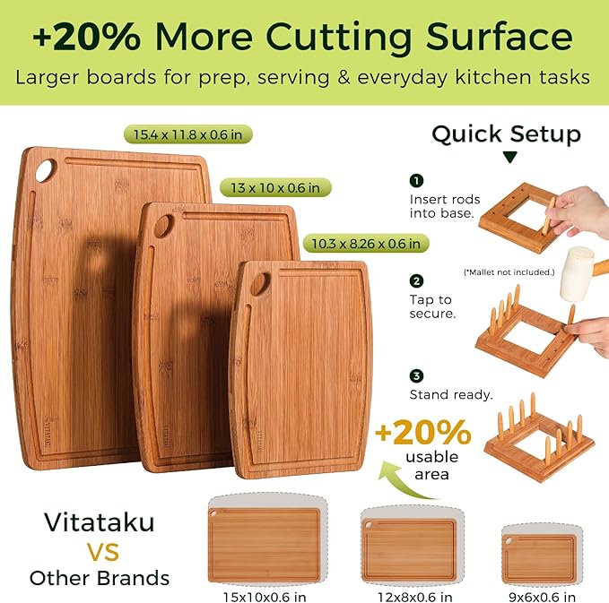 3-Piece Carbonized Bamboo Cutting Board Set with Wood Storage Stand, 15.4" Large Wooden Chopping Boards for Kitchen, Non Toxic Pre-Oiled Charcuterie Serving Tray, Kitchen Gifts