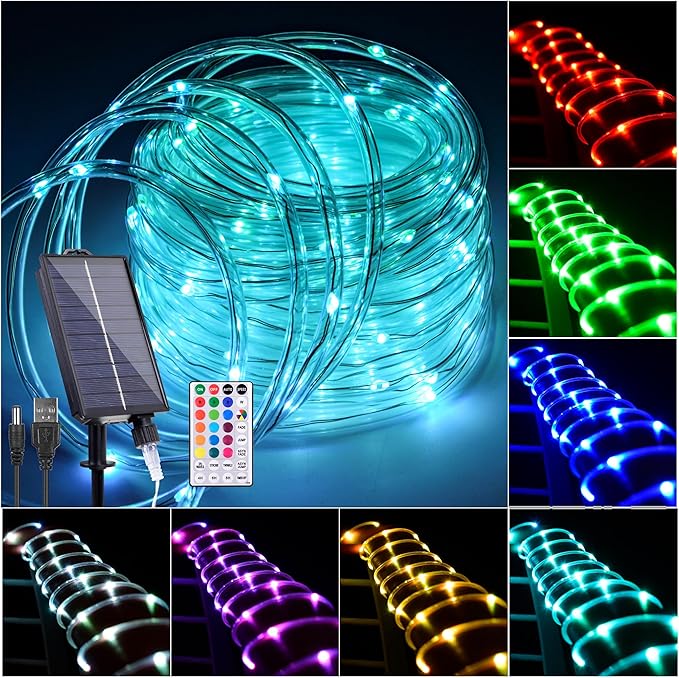 33FT Solar Rope Lights Outdoor Waterproof Color Changing Trampoline Light | 18 Colors Solar Powered & USB with Remote, Multicolor 100 LED Fairy String Lighting Outside for Christmas Halloween Decor