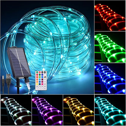 33FT Solar Rope Lights Outdoor Waterproof Color Changing Trampoline Light | 18 Colors Solar Powered & USB with Remote, Multicolor 100 LED Fairy String Lighting Outside for Christmas Halloween Decor