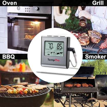 TempPro TP16 Large LCD Digital Meat Thermometer for Smoker Oven Kitchen BBQ Grill Thermometer Clock Timer with Stainless Steel Temperature Probe, Cooking Gifts for Father&Husband(Previously ThermoPro)