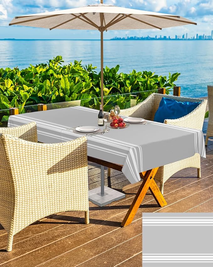 QueenKer Outdoor Tablecloth with Umbrella Hole, Farmhouse Gray White Stripe Rectangle Tables Waterproof Tabletop Collection for Patio, Garden, Picnic, Camping, Dining 52 x 70 inch