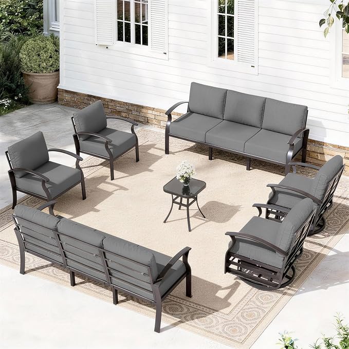 ALAULM Aluminum Patio Furniture Set with 2 Swivel Chairs 10-seat Metal Outdoor Furniture Patio Sectional Sofas Patio Conversation Set w/5.1" Cushions for Patio, Backyard, Poolside-Grey