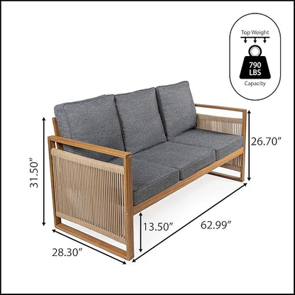 JONATHAN Y Gable Acacia Wood and Woven Rope 63" Outdoor Sofa, 3-Seater Patio Bench with Weather-Resistant Gray Cushions for Backyard and Porch, Bohemian Style, Teak Brown Finish SFB1002B
