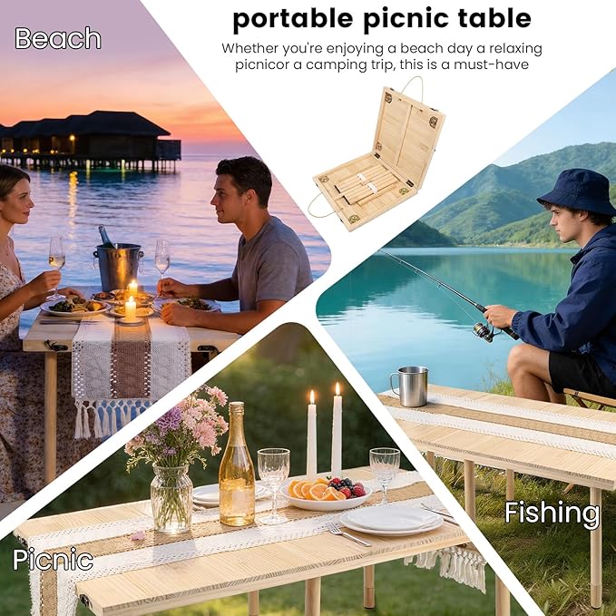 44" x 22" Boho Low Picnic Table, Foldable Solid Wood Construction | Beach Table with Tablecloth & Adjustable Legs, Indoor & Outdoor Use for Beach, Camping, BBQ, Wedding & Warm Family Gatherings