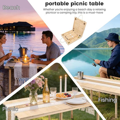 44" x 22" Boho Low Picnic Table, Foldable Solid Wood Construction | Beach Table with Tablecloth & Adjustable Legs, Indoor & Outdoor Use for Beach, Camping, BBQ, Wedding & Warm Family Gatherings
