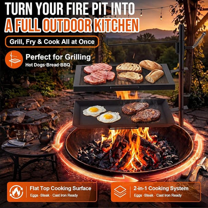 18.5" x 16" Fire Pit Campfire Grill Grate, Portable Open Fire Cooking Grill Grate Round Camping Cooking Barbecue Rack Heavy-duty, Easy Setup & Adjustable Height for Outdoor Camping BBQ