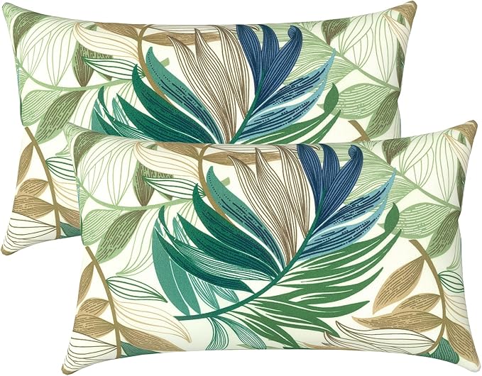 LVTXIII Outdoor Lumbar Pillow Covers Only Set of 2 Patio Decorative Pillow Cases, Water Repellent Lumbar Cushion Cases for Sofa, Patio Couch Garden Use, 12x20 Inch, Lush Leaf Green