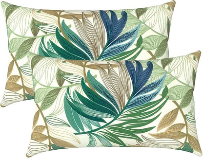 LVTXIII Outdoor Lumbar Pillow Covers Only Set of 2 Patio Decorative Pillow Cases, Water Repellent Lumbar Cushion Cases for Sofa, Patio Couch Garden Use, 12x20 Inch, Lush Leaf Green