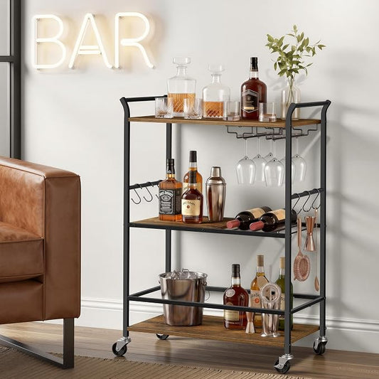 VASAGLE 3-Tier Bar Cart, Steel Serving Cart on Wheels with Wine Rack and Glass Holder, 25.4 x 12.6 x 33.7 Inches, Rustic Brown, for Kitchen and Living Room, Barnet Collection ULRC200K101