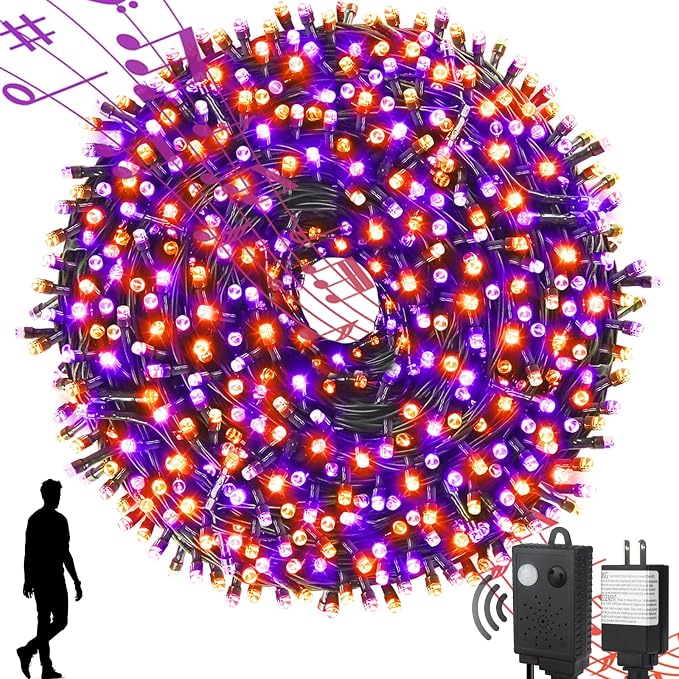 MZD8391 105FT 300LED Halloween Light, Orange Purple Christmas Light & Music | Play 4 Spooky Music, Waterproof, 100% UL Listed, Halloween String Lights Outdoor Indoor, 6 Light Mode, End To End Connectable