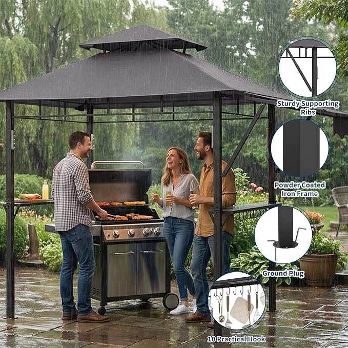 8x5 ft Grill Gazebo, Double Tired Outdoor Patio Canopy Tent with Side Awning Shelves, 4 LED Lights,10 Hooks & Bottle Opener,Heavy Duty Steel Frame Grilling Canopy for Patio Backyard Garden Picnic,Grey