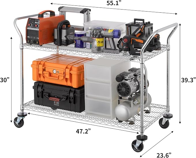 Finnhomy 2-Tier Commercial Grade Rolling Cart, Heavy Duty Utility Cart, Carts with Wheels and Handles, Kitchen Cart on Wheels, Metal Serving Cart with 700 lbs Capacity, Shelf Size 24" D x 48" W, NSF
