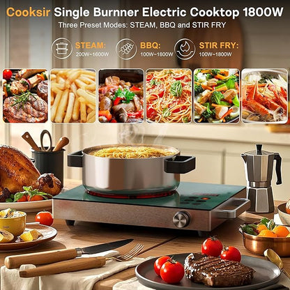 Single Burner Electric Cooktop - 110V 1800W Portable One Burner Hot Plate, Countertop Electric Stove top for Home, Camping, RV, Timer, Child Lock, Steam, BBQ, Stir Fry, 120V Plug in (Green)