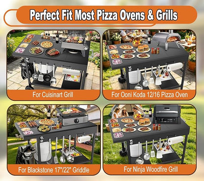 Pizza Oven Table with Topping Station, Outdoor Pizza Oven Cart, Grill Cart for Ninja, Cuisinart, Gozney, Movable BBQ Prep Table Station with Seasoning Tray for Patio, Kitchen, Backyard