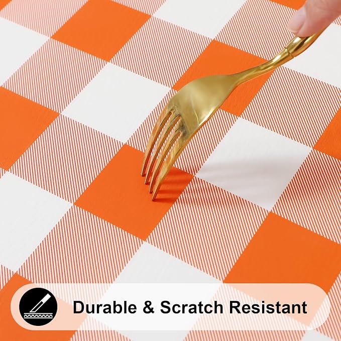 Smiry Rectangle Picnic Table Cloth, Elastic Waterproof Fitted Vinyl Tablecloths, Flannel Backed Buffalo Plaid Table Covers for Dining, Camping, Outdoor, Thanksgiving (White and Orange, 30" x 72")