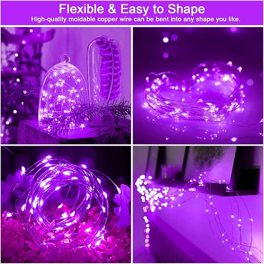 Solar Fairy Lights Purple Outdoor Waterproof, 16.4ft 50LED Halloween String Lights for Outside, 8 Modes, 2 Packs for Patio Backyard Garden Decorations