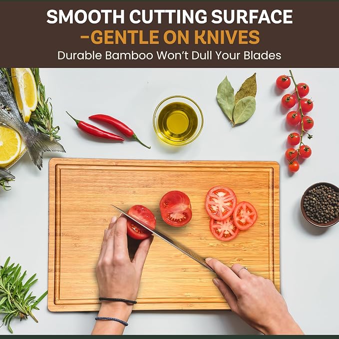Wood Cutting Board for Kitchen - 1 Inch Thick Bamboo Wooden Chopping Board, Butcher Block Cutting Board with Juice Groove, Handles, Large Meat Cutting Board, Charcuterie Serving Board, 16 x 11