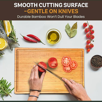 Wood Cutting Board for Kitchen - 1 Inch Thick Bamboo Wooden Chopping Board, Butcher Block Cutting Board with Juice Groove, Handles, Large Meat Cutting Board, Charcuterie Serving Board, 16 x 11